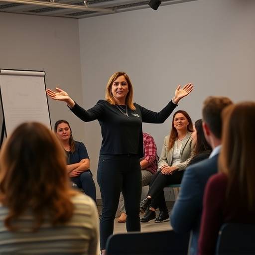 Dozentin Sarah Klein gibt den Studierenden Tipps und Tricks für eine überzeugende Bühnenpräsenz und Körpersprache.
