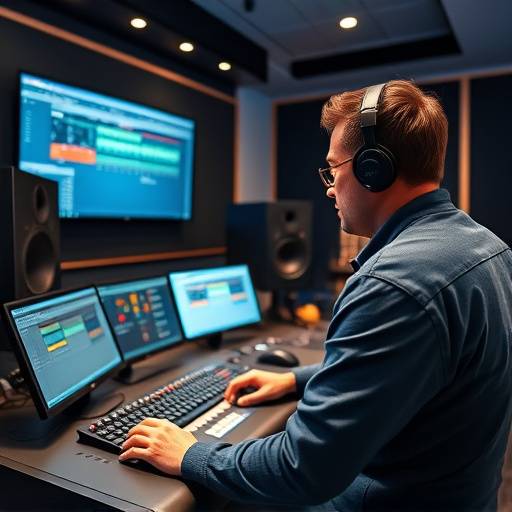 Ein Blick in die Regie eines unserer Studios, mit professionellem Audio-Equipment, mehreren Bildschirmen und einem erfahrenen Tontechniker.