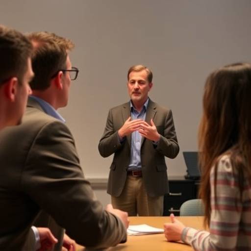 Ein Dozent, Herr Professor Werner Kurz, demonstriert vor einer kleinen Gruppe Studenten die richtige Atemtechnik für Sprecher während eines Workshops.