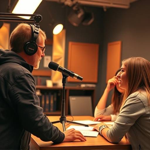 Ein erfahrener Radiomoderator, Herr Thomas Huber, demonstriert vor den Studenten die Kunst des Live-Interviews.