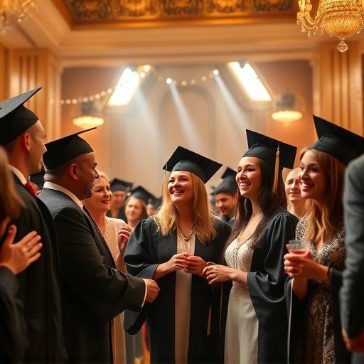 Ein festlicher Empfang nach einer erfolgreichen Abschlussprüfung an der SprecherAkademie Wien mit Absolventen, Dozenten und Ehrengästen.