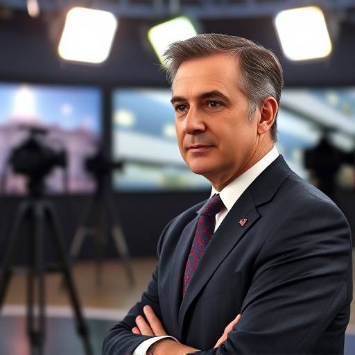 Ein Interview mit einem Politiker wird im Fernsehstudio aufgenommen.