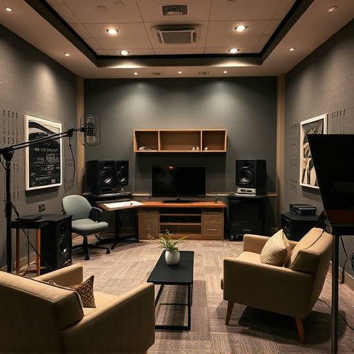 Ein professionelles Sprecherstudio, ausgestattet mit modernster Technik und komfortabler Atmosphäre, ideal für Sprachaufnahmen und Synchronisation.