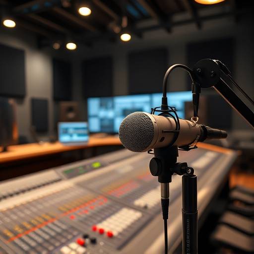 Ein professionelles Tonstudio mit Mikrofon und Mischpult.