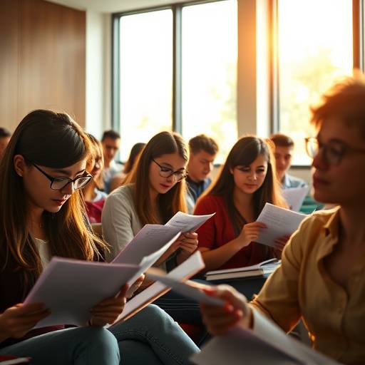 Eine Gruppe von Studenten arbeitet konzentriert an ihren Texten w√§hrend eines Sprechtechnik-Kurses in einem hellen Seminarraum.