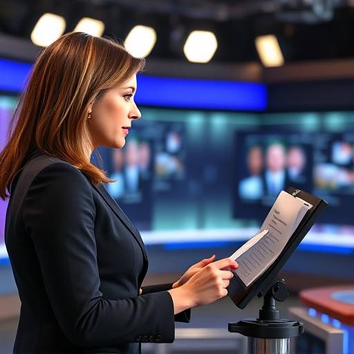 Eine Moderatorin liest den Text vom Teleprompter ab.