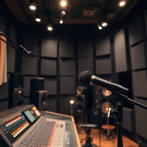 Innenaufnahme eines professionellen Tonstudios mit Mikrofon, Mischpult und Akustikpaneelen, beleuchtet mit Studiolicht.