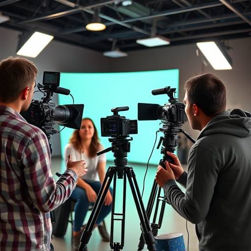 Studenten proben eine Moderationssituation vor der Kamera, unter Anleitung eines erfahrenen Medientrainers.