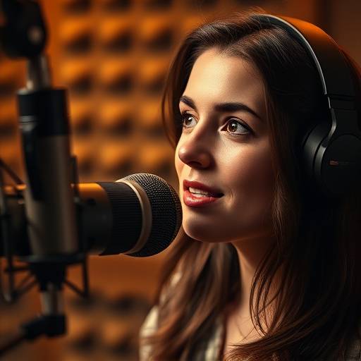 Teilnehmerin √ºbt Sprechen vor einem Mikrofon im Studio.
